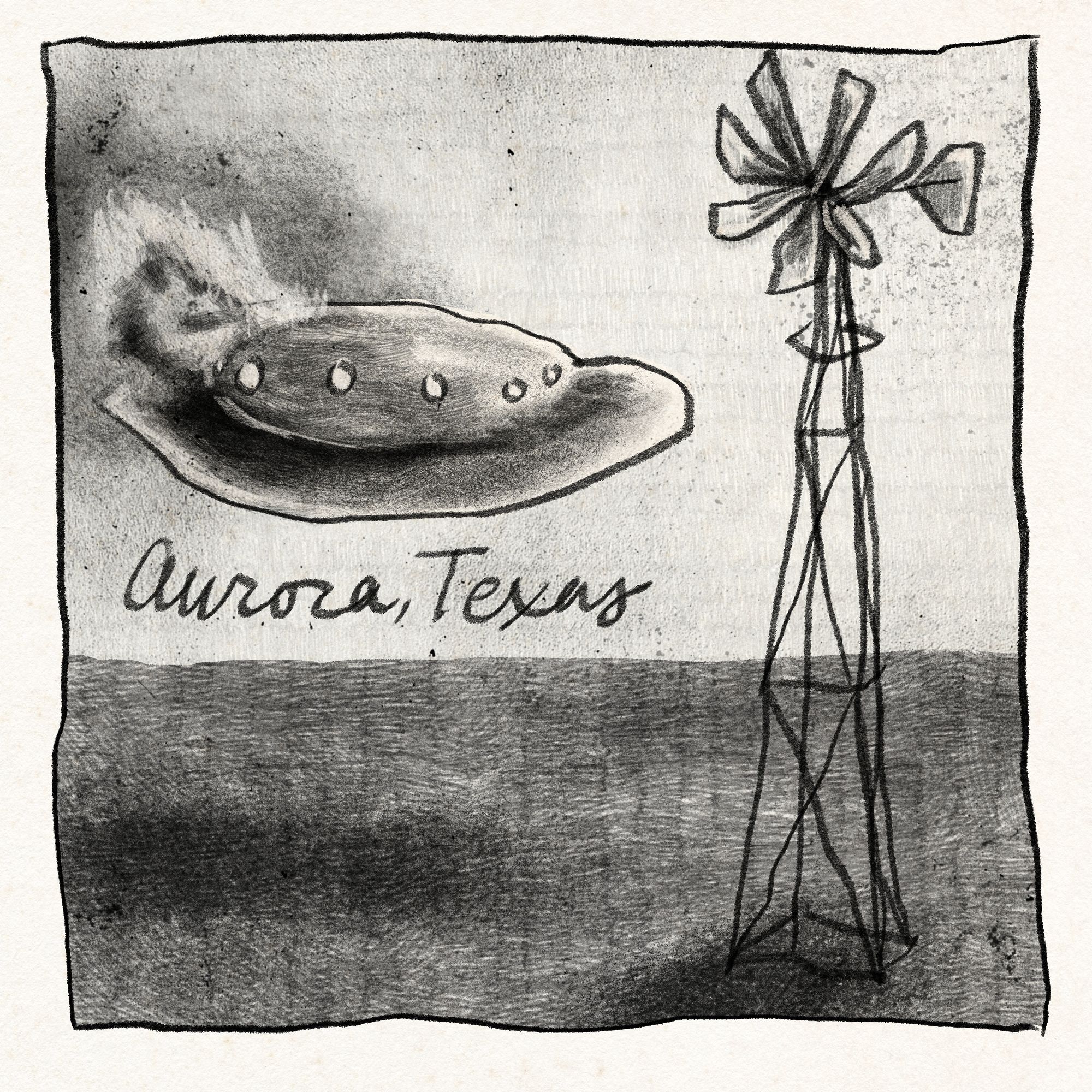 Graphite-style digital drawing of a UFO on fire, about to crash into a windmill.