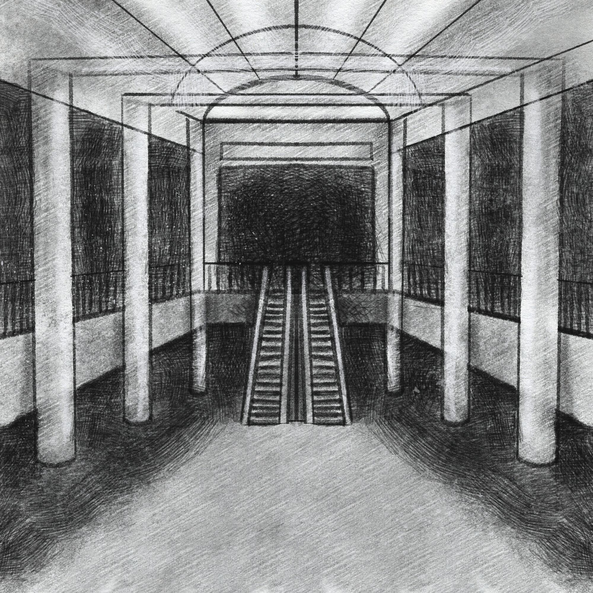 a black and white graphite-style digital sketch of a dead mall