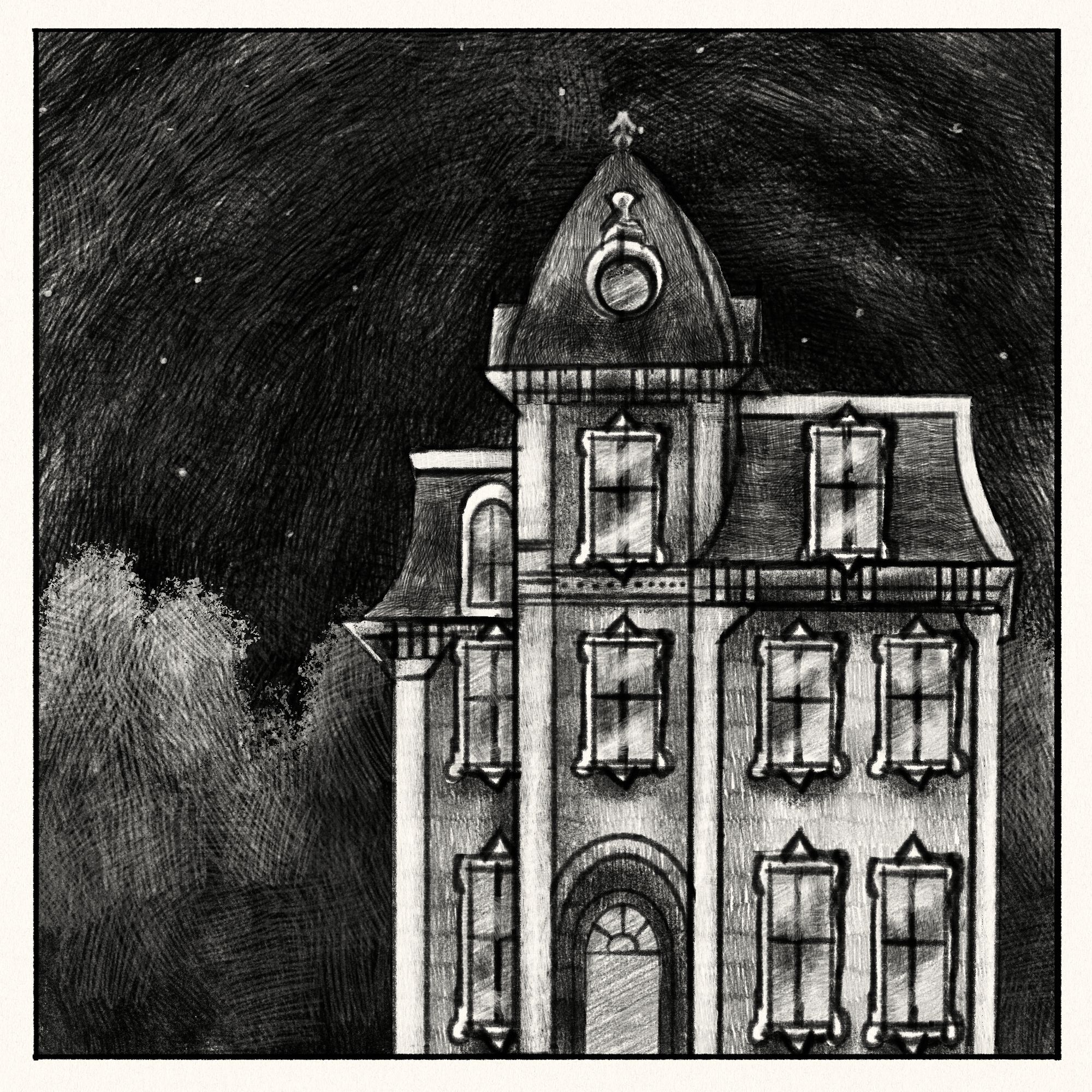 a digital drawing of a Victorian mansion at night with stars in the background