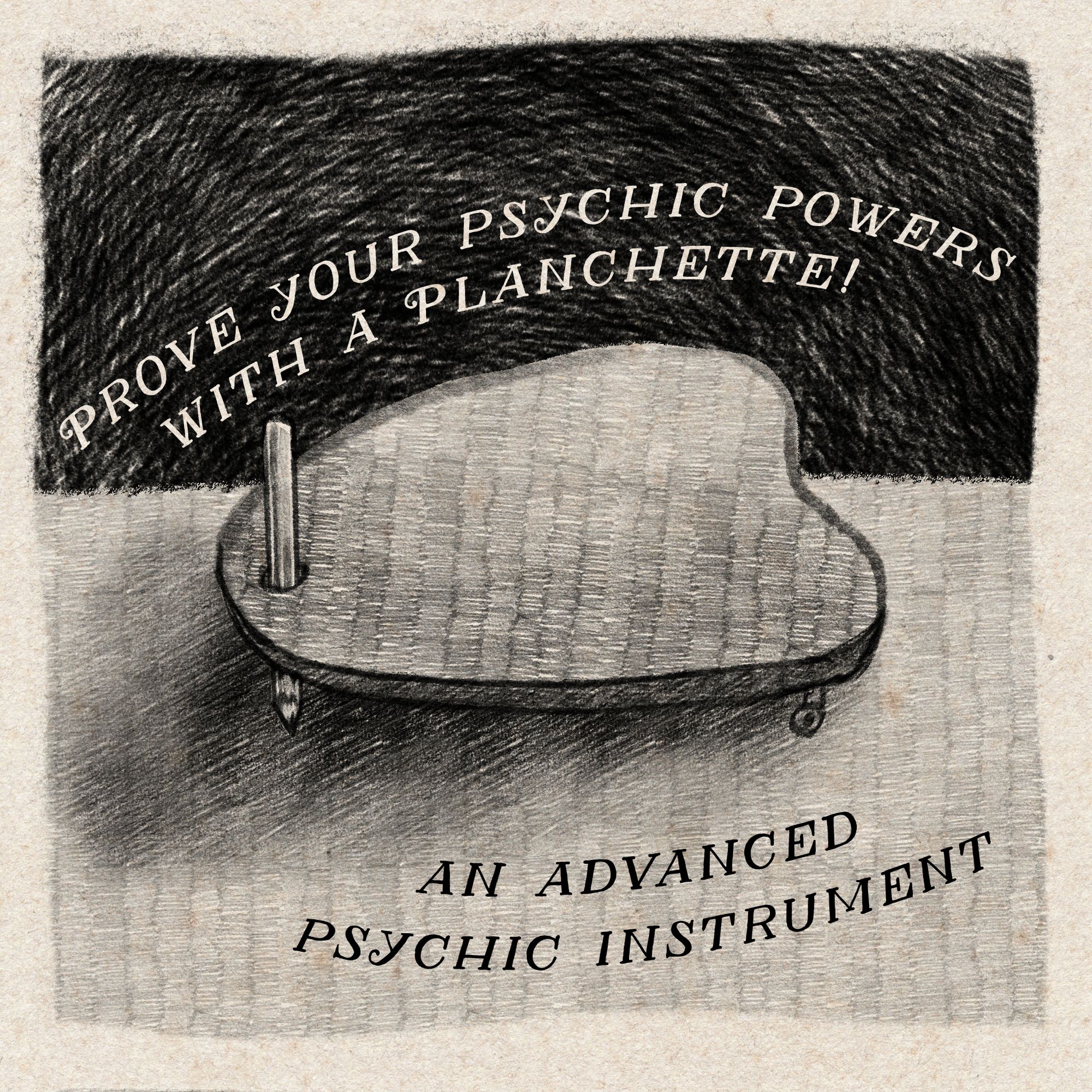 Digital drawing of an automatic writing planchette.