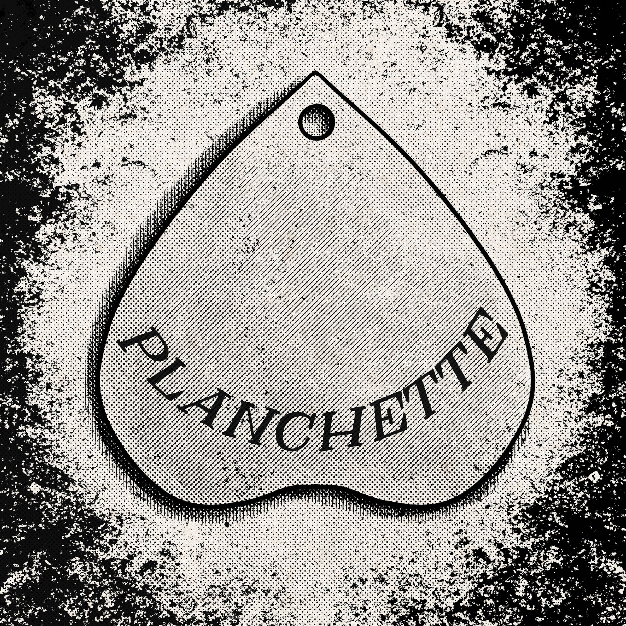 A black and white digital drawing of an automatic writing planchette with halftone shading and a grungy border.