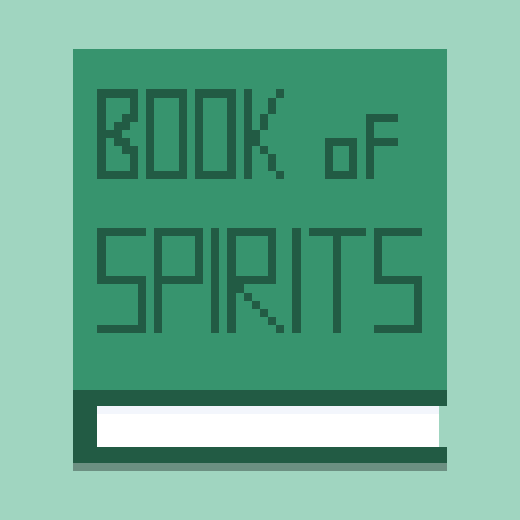 A pixel drawing of a green book entitled Book of Spirits