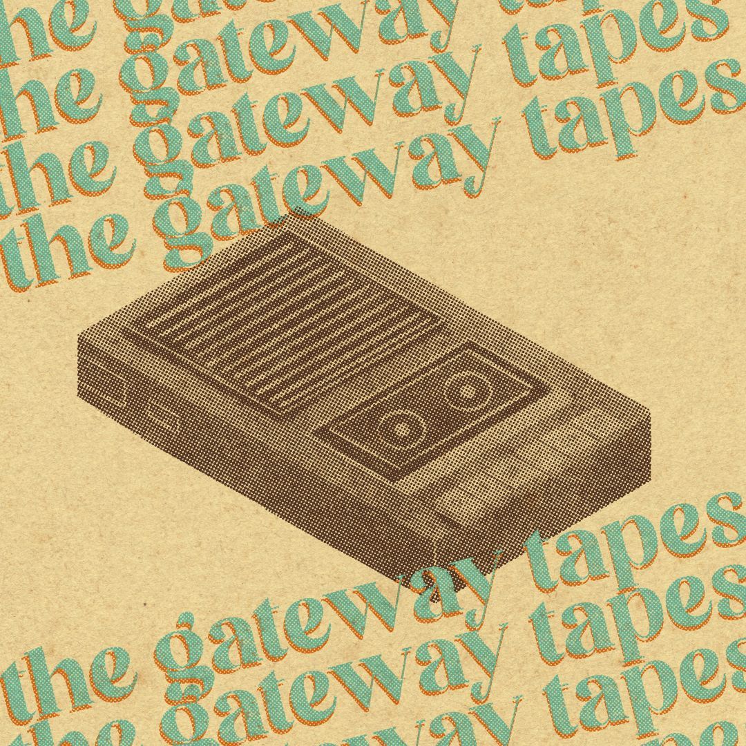 a halftone illustration of a vintage tape deck with the repeating words "the gateway tapes" surrounding it
