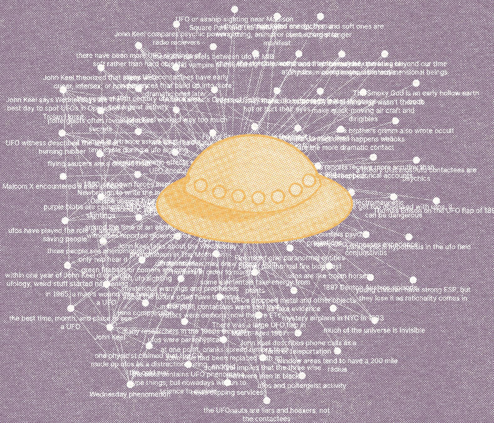 a yellow UFO with a purple background with a graph of notes