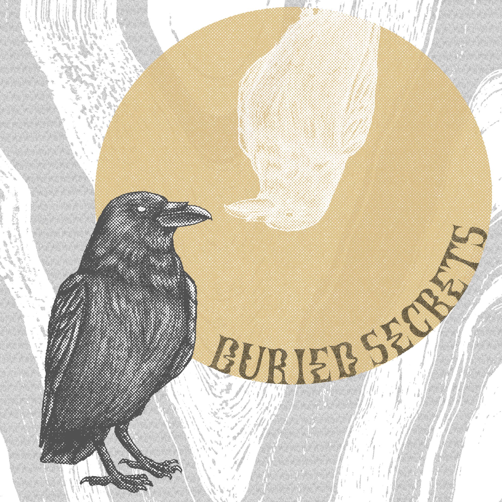 A halftone version of the Buried Secrets Podcast logo with a black crow and a white crow inverted and facing each other.