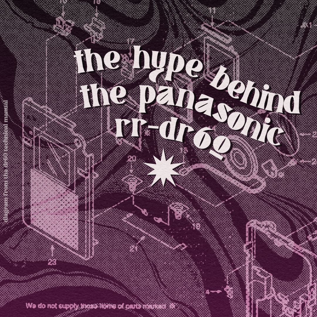 a diagram of a DR60 overlaid on a swirled purple background with the words "the hype around the Panasonic RR-DR60"