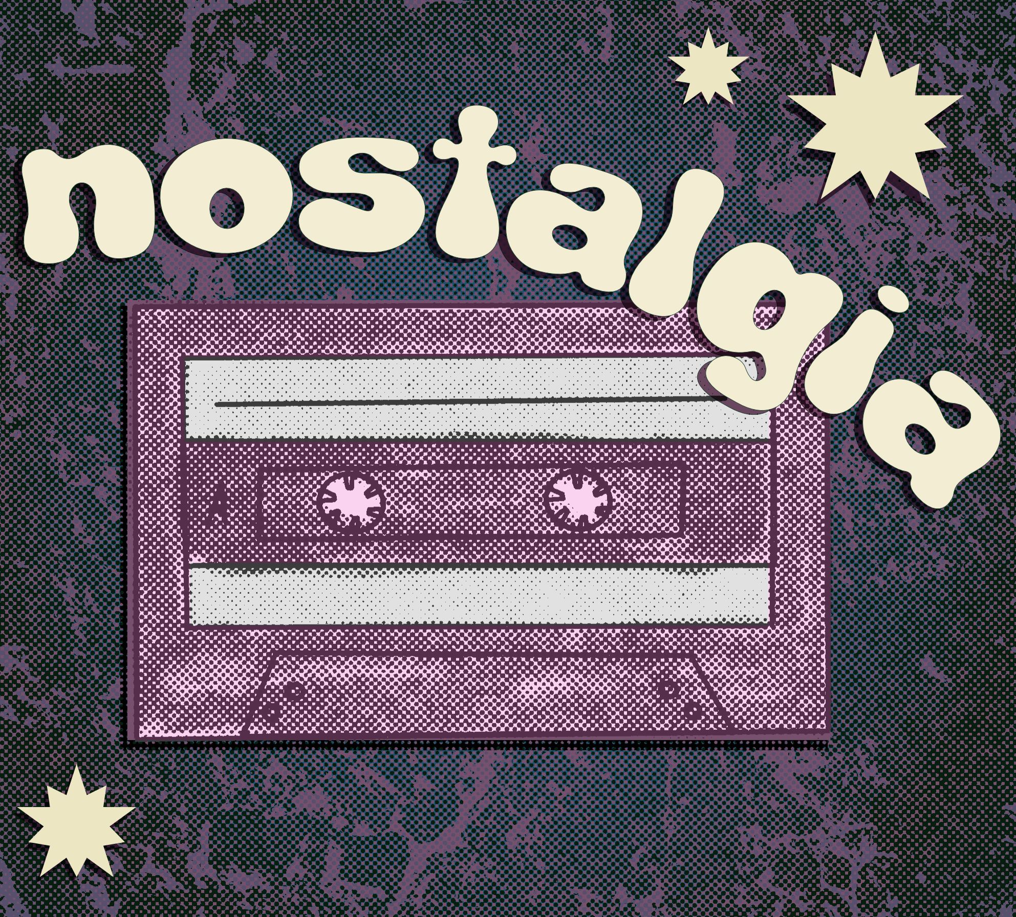 a purple halftone drawing of a cassette tape and the word "nostalgia"