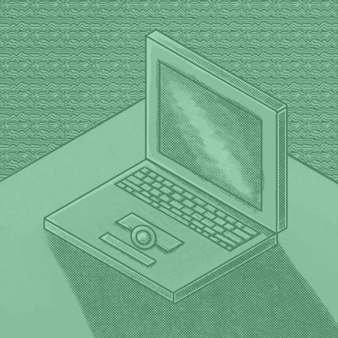 a green isometric drawing of a vintage laptop