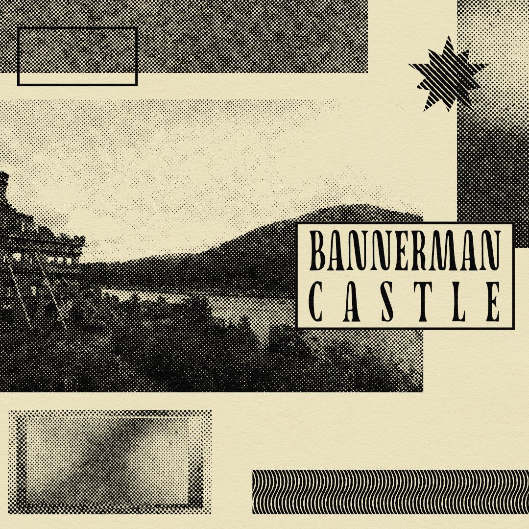 a halftone collage of Bannerman castle and some abstract shapes