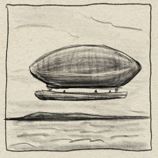 Graphite-style digital drawing of the airship America floating over the ocean, with land on the horizon.