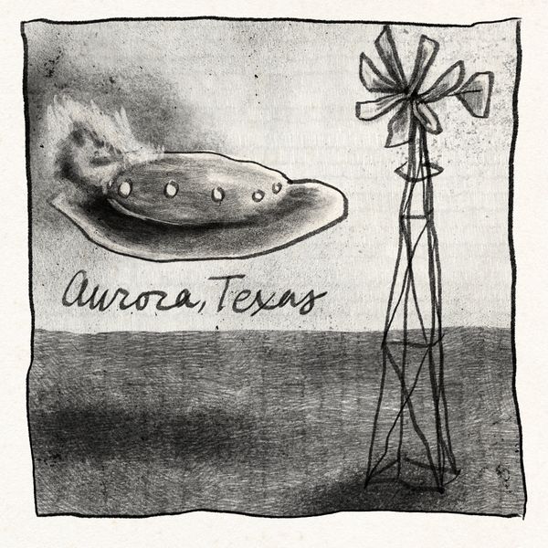 Graphite-style digital drawing of a UFO on fire, about to crash into a windmill.