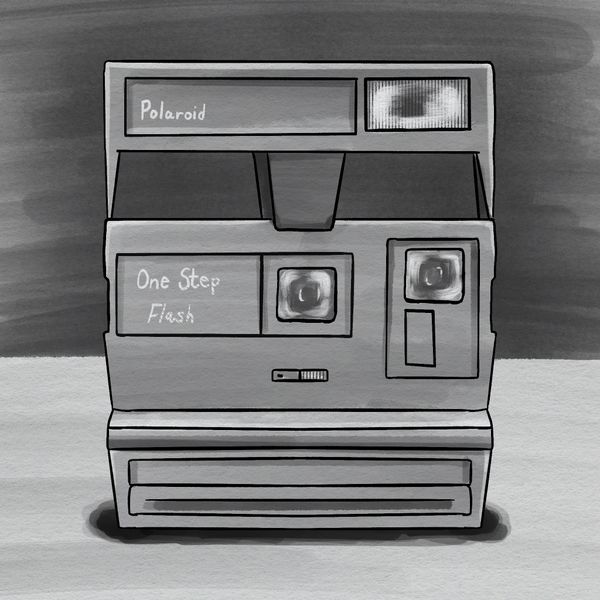 A watercolor-style black and white digital drawing of a vintage Polaroid 600 camera