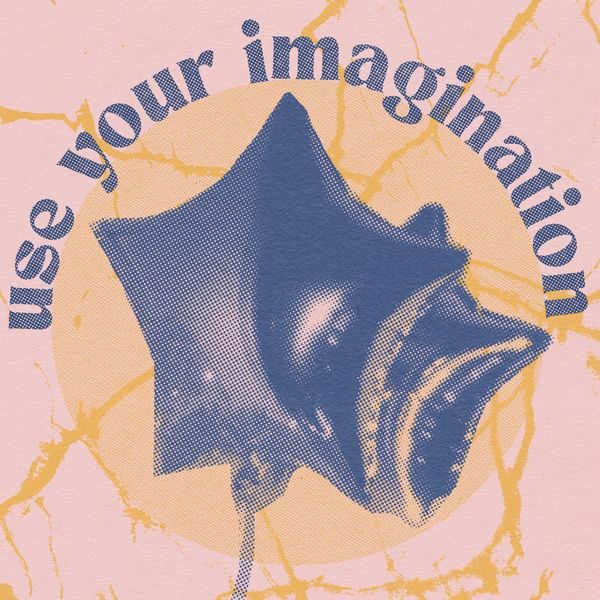 a halftone photograph of blue mylar balloons with the words "use your imagination"