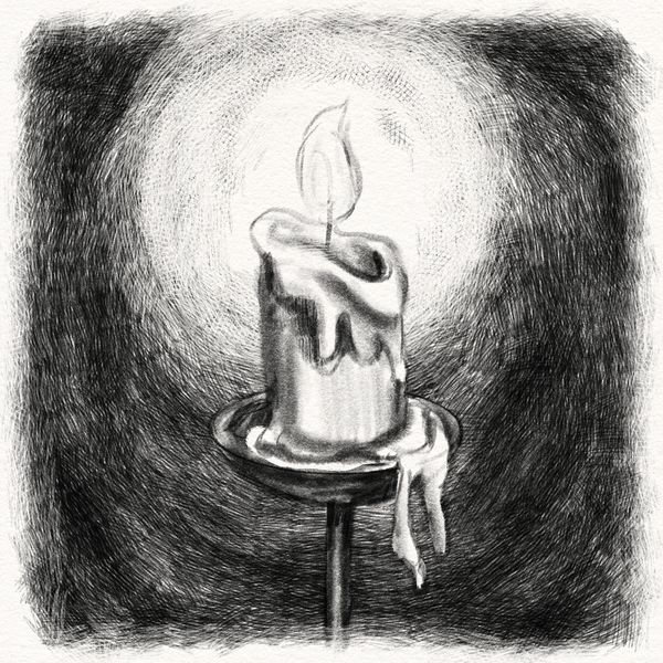 A graphite-style digital drawing of a burning candle.