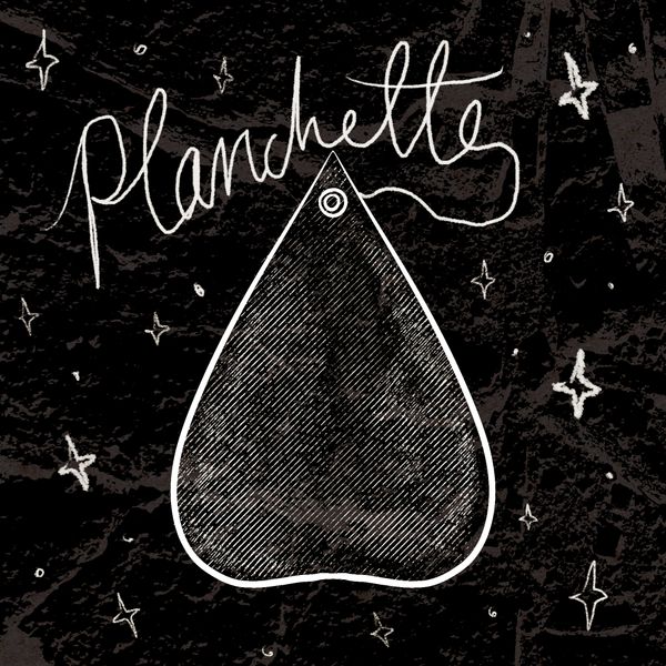 A black and white digital drawing of an automatic writing planchette with a marbled background.