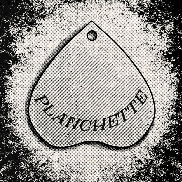 A black and white digital drawing of an automatic writing planchette with halftone shading and a grungy border.