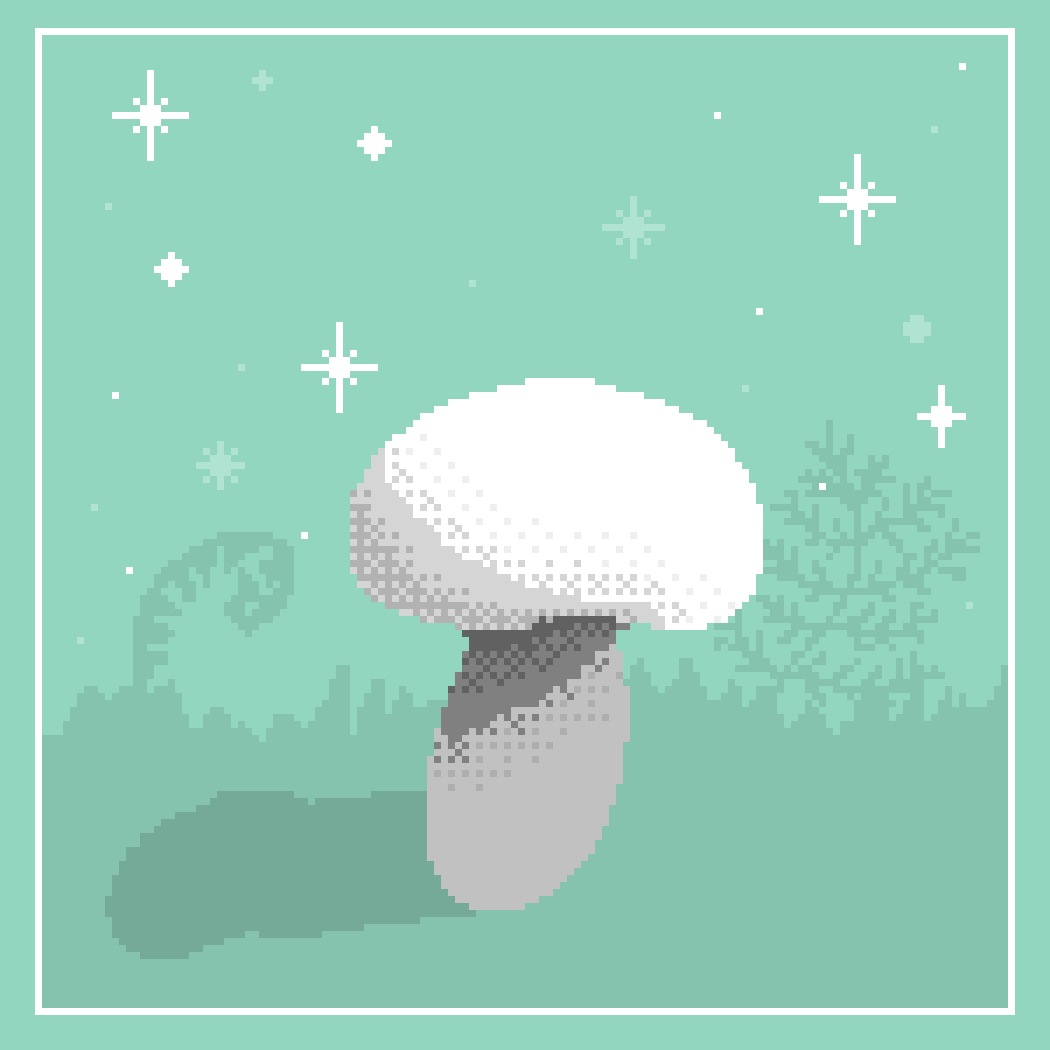 mint green and white pixel art of a mushroom and some sparkles