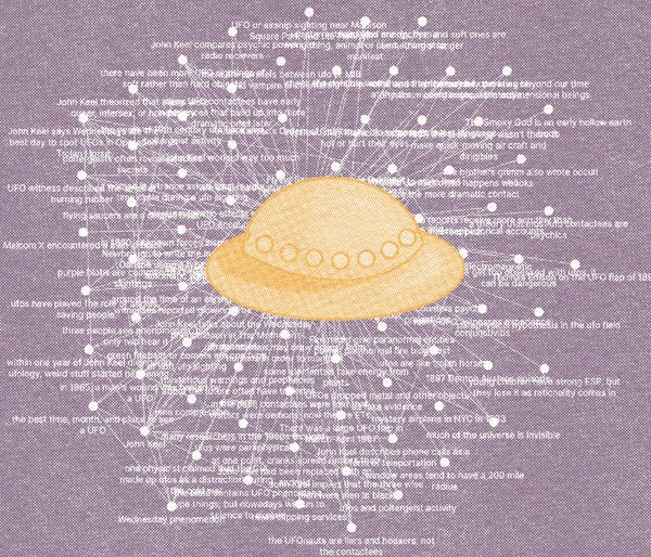 a yellow UFO with a purple background with a graph of notes