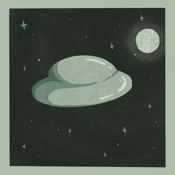 a digital drawing of a teal UFO, moon, and stars
