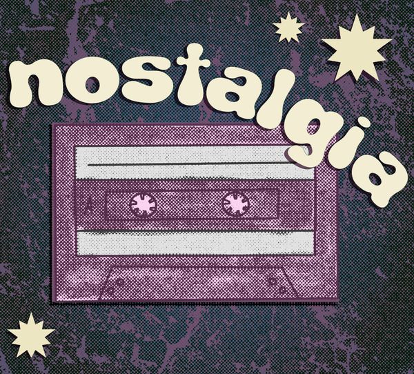 a purple halftone drawing of a cassette tape and the word "nostalgia"