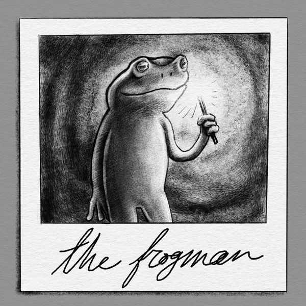 a polaroid-style drawing of the frogman holding a wand