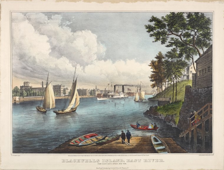 A color image of Blackwell's Island in the 19th Century, seen from 86th Street in Manhattan