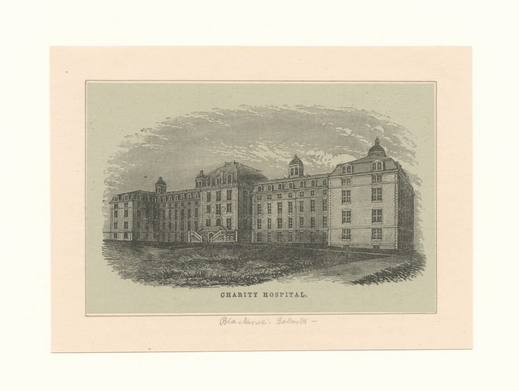 Engraving of Charity Hospital on Roosevelt Island